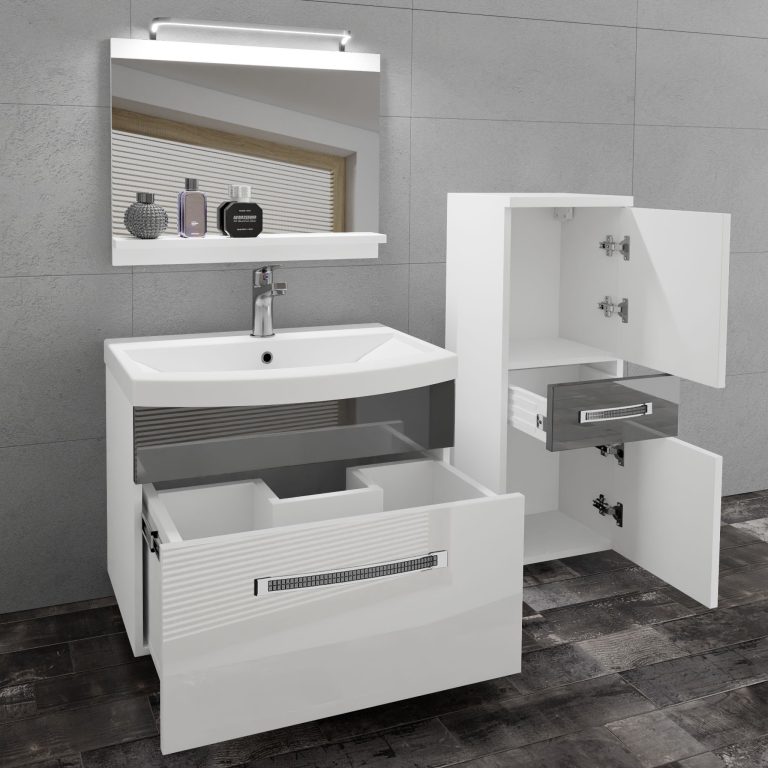 Fürdőszoba bútor Belini Premium Full Version fehér fényű / szürke  fényű + mosogató + tükör + LED világítás GLA P 2/0/W/WS/0/MB/PP