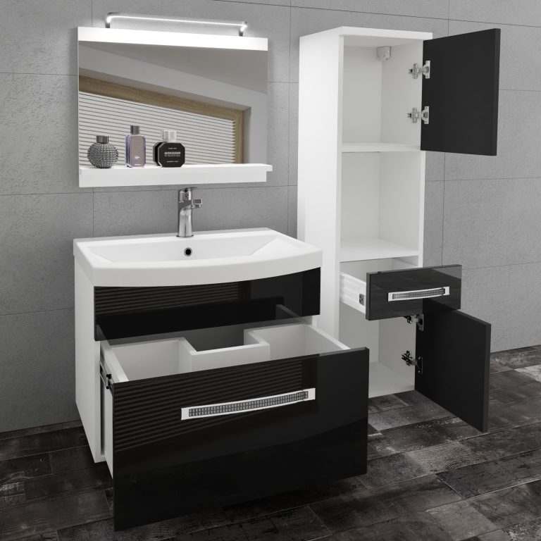 Fürdőszoba bútor Belini Premium Full Version fekete fényű + mosogató + tükör + LED világítás GLA P 3/0/W/B/0/MB/PP