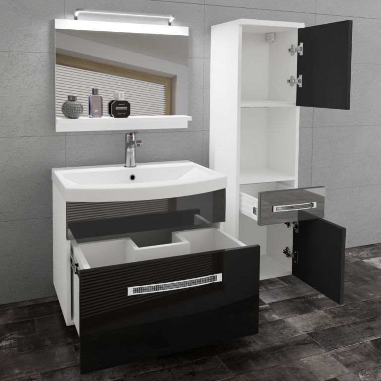 Fürdőszoba bútor Belini Premium Full Version szurke fényű / fekete fényű + mosogató + tükör + LED világítás GLA P 3/0/W/BS/0/MB/PP
