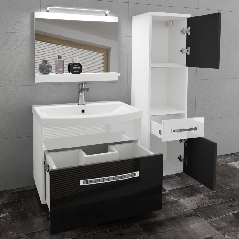 Fürdőszoba bútor Belini Premium Full Version fehér fényű / fekete fényű + mosogató + tükör + LED világítás GLA P 3/0/W/BW/0/MB/PP