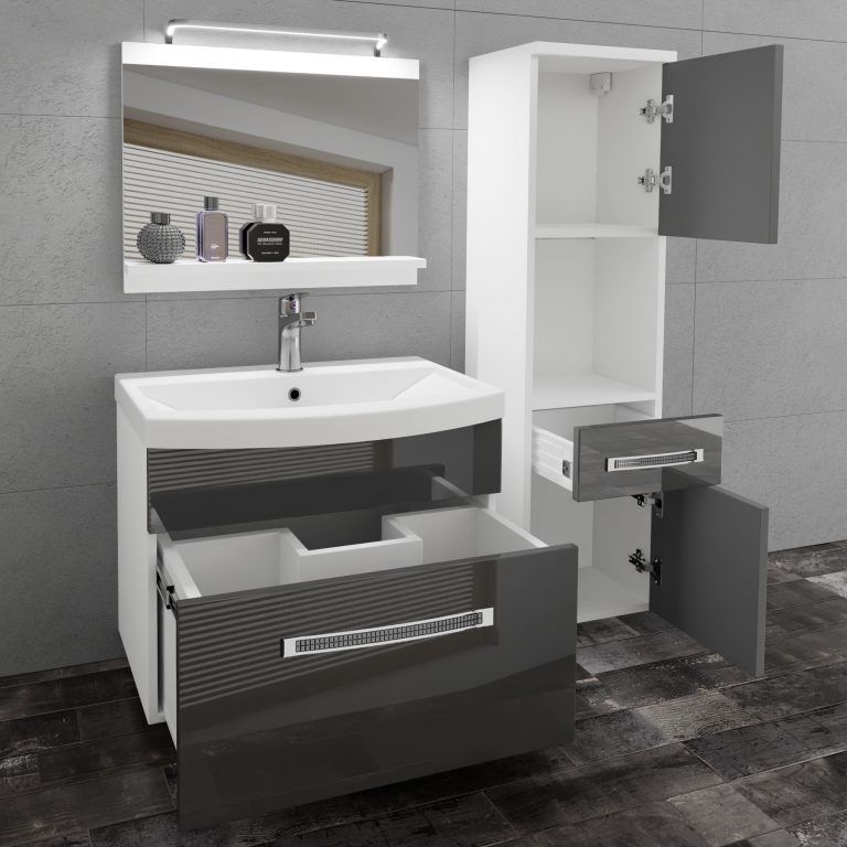 Fürdőszoba bútor Belini Premium Full Version szürke fényű + mosogató + tükör + LED világítás GLA P 3/0/W/S/0/MB/PP
