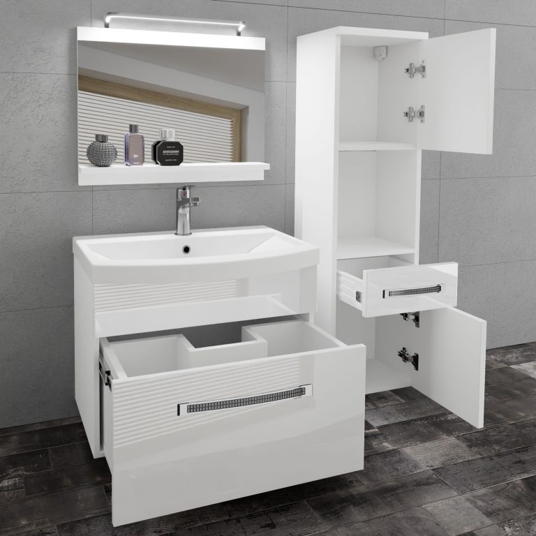 Fürdőszoba bútor Belini Premium Full Version fehér fényű + mosogató + tükör + LED világítás GLA P 3/0/W/W/0/MB/PP
