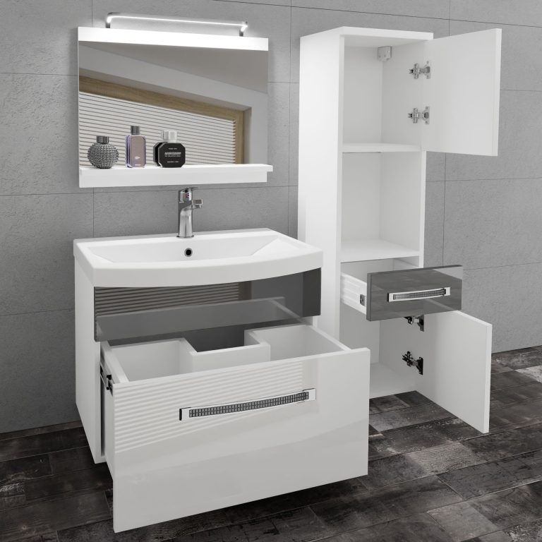 Fürdőszoba bútor Belini Premium Full Version szurke fényű / fekete fényű + mosogató + tükör + LED világítás GLA P 3/0/W/WS/0/MB/PP
