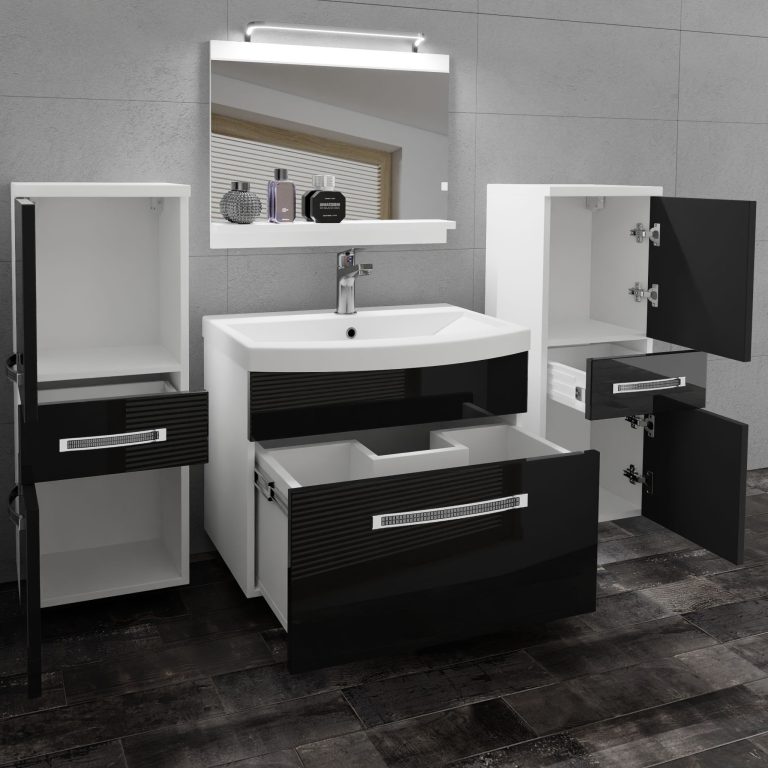 Fürdőszoba bútor Belini Premium Full Version fekete fényű + mosogató + tükör + LED világítás GLA P 4/0/W/B/0/MB/PP