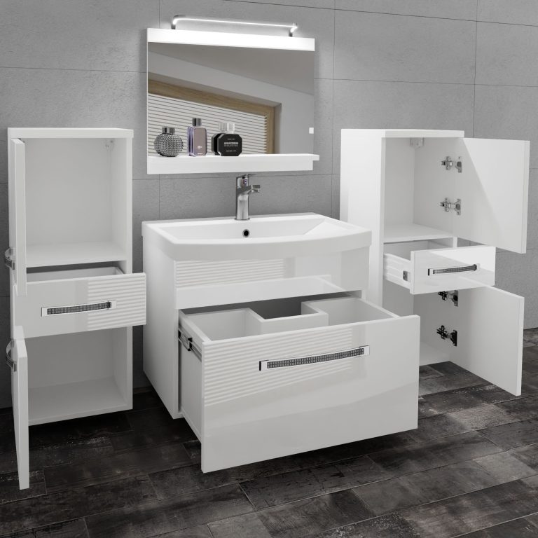 Fürdőszoba bútor Belini Premium Full Version fehér fényű + mosogató + tükör + LED világítás GLA P 4/0/W/W/0/MB/PP
