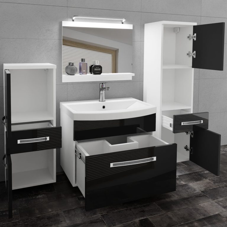 Fürdőszoba bútor Belini Premium Full Version fekete fényű + mosogató + tükör + LED világítás GLA P 5/0/W/B/0/MB/PP

