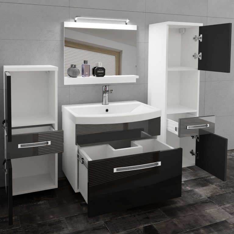 Fürdőszoba bútor Belini Premium Full Version szurke fényű / fekete fényű + mosogató + tükör + LED világítás GLA P 5/0/W/BS/0/MB/PP
