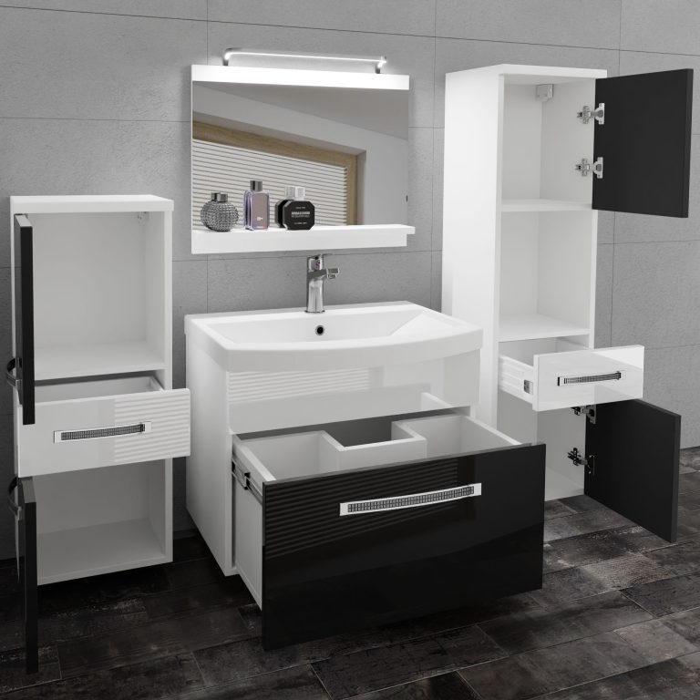 Fürdőszoba bútor Belini Premium Full Version fehér fényű / fekete fényű + mosogató + tükör + LED világítás GLA P 5/0/W/BW/0/MB/PP