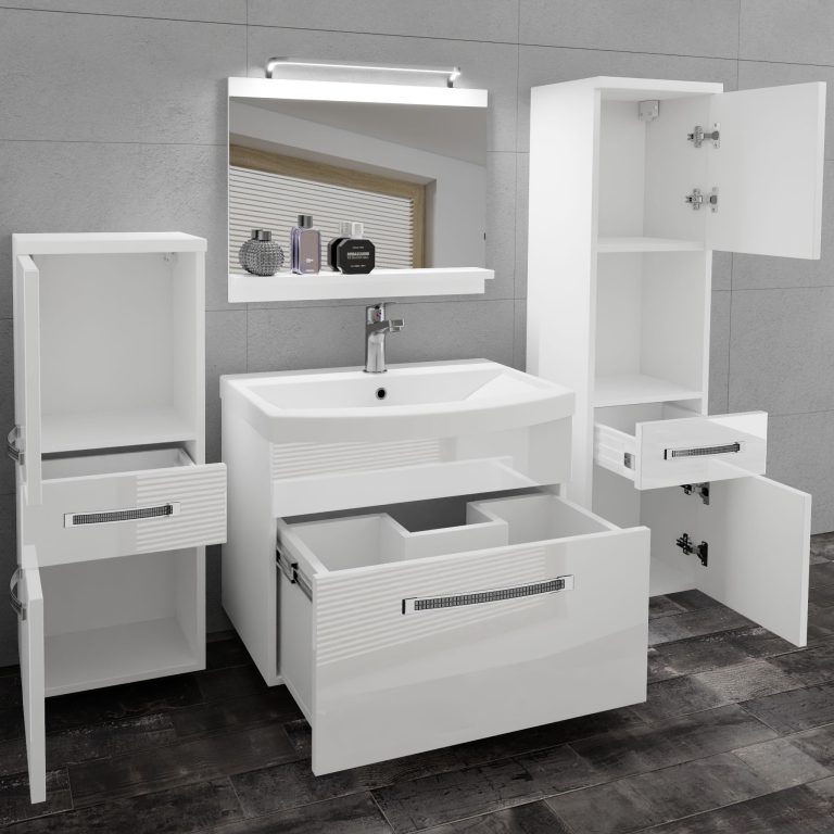 Fürdőszoba bútor Belini Premium Full Version fehér fényű + mosogató + tükör + LED világítás GLA P 5/0/W/W/0/MB/PP
