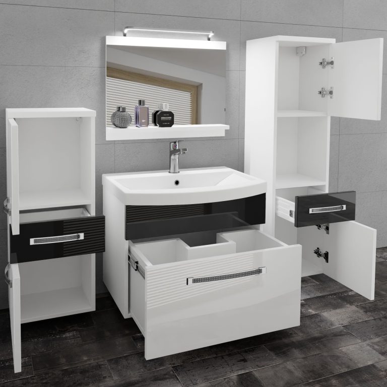 Fürdőszoba bútor Belini Premium Full Version fehér fényű / fekete fényű + mosogató + tükör + LED világítás GLA P 5/0/W/WB/0/MB/PP
