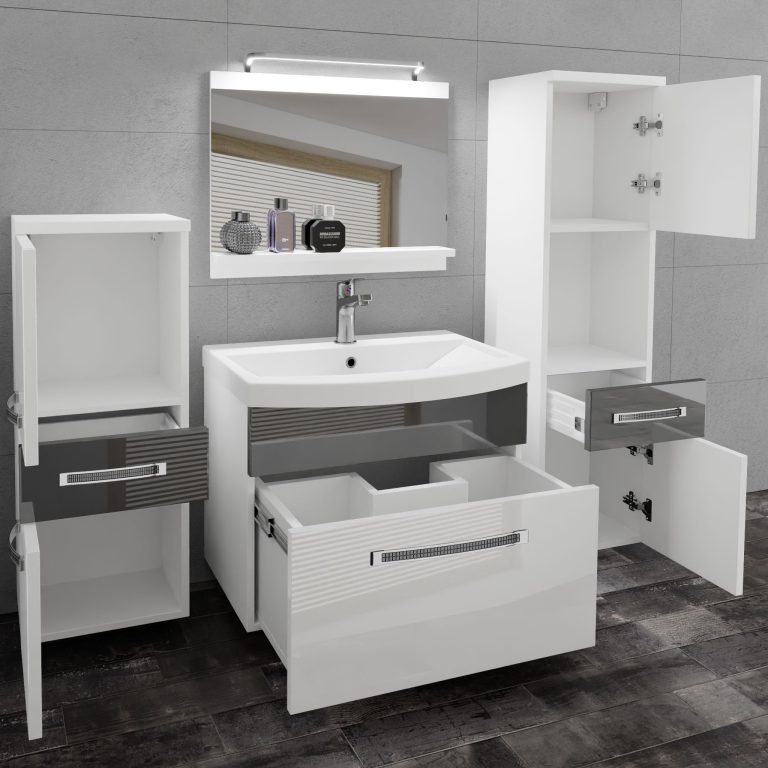 Fürdőszoba bútor Belini Premium Full Version fehér fényű / szürke  fényű + mosogató + tükör + LED világítás GLA P 5/0/W/WS/0/MB/PP

