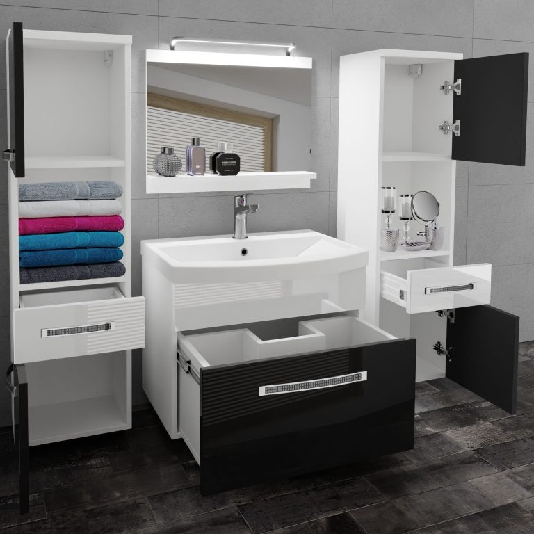 Fürdőszoba bútor Belini Premium Full Version fehér fényű / fekete fényű + mosogató + tükör + LED világítás GLA P 6/0/W/BW/0/MB/PP