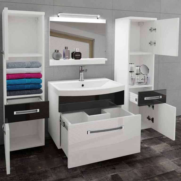 Fürdőszoba bútor Belini Premium Full Version fehér fényű / fekete fényű + mosogató + tükör + LED világítás GLA P 6/0/W/WB/0/MB/PP
