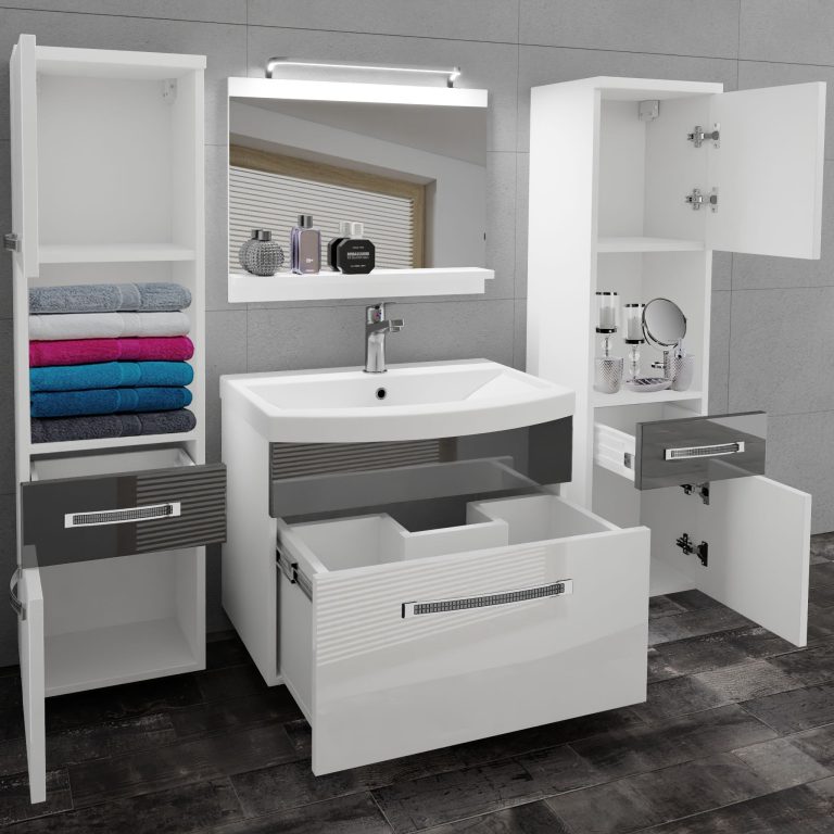 Fürdőszoba bútor Belini Premium Full Version fehér fényű / szürke  fényű + mosogató + tükör + LED világítás GLA P 6/0/W/WS/0/MB/PP
