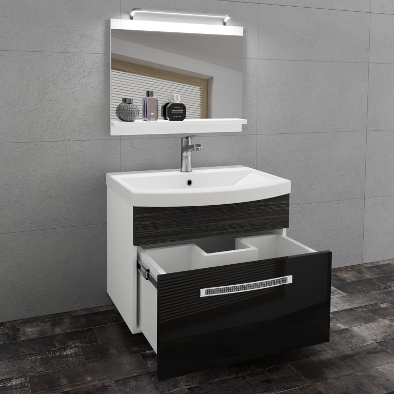 Fürdőszoba bútor Belini Premium Full Version fekete fényű / tolgy wotan + mosogató + tükör + LED világítás GLA PM 1/0/W/BHK/0/MB/PP