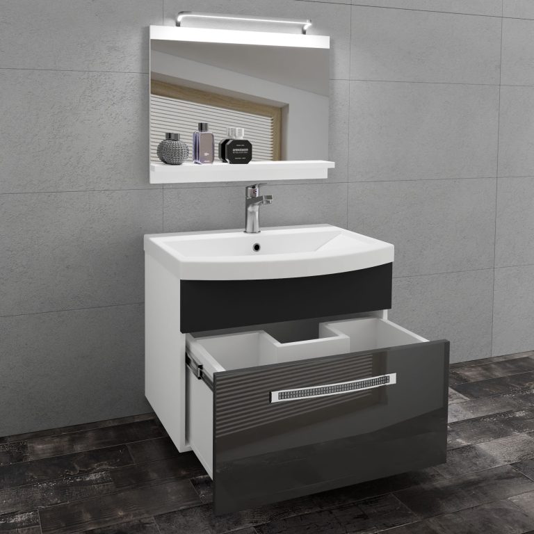 Fürdőszoba bútor Belini Premium Full Version szürke fényű / fekete matt + mosogató + tükör + LED világítás GLA PM 1/0/W/SB/0/MB/PP