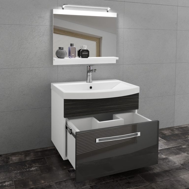 Fürdőszoba bútor Belini Premium Full Version szürke fényű / ebénfa + mosogató + tükör + LED világítás GLA PM 1/0/W/SHK/0/MB/PP
