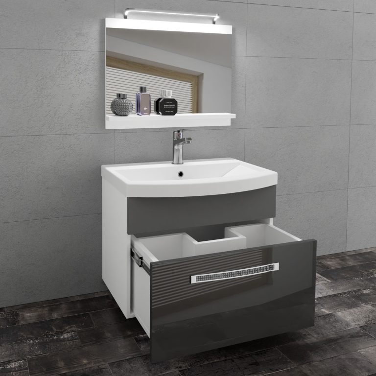 Fürdőszoba bútor Belini Premium Full Version szürke fényú / szurke matt + mosogató + tükör + LED világítás GLA PM 1/0/W/SSR/0/MB/PP