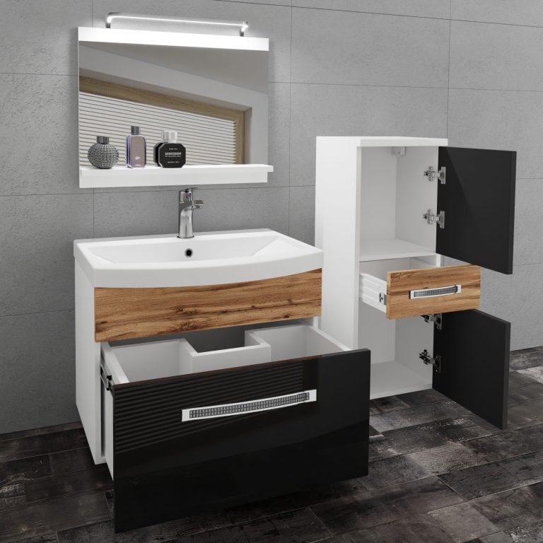 Fürdőszoba bútor Belini Premium Full Version fekete fényű / tolgy wotan + mosogató + tükör + LED világítás GLA PM 2/0/W/BDW/0/MB/PP
