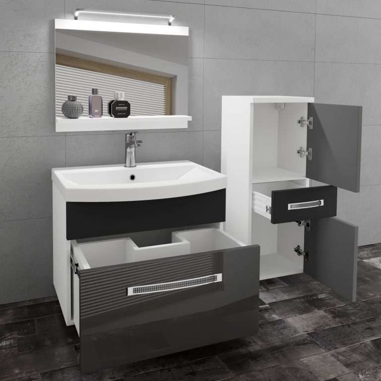 Fürdőszoba bútor Belini Premium Full Version szurke fényű / fekete matt + mosogató + tükör + LED világítás GLA PM 2/0/W/SB/0/MB/PP