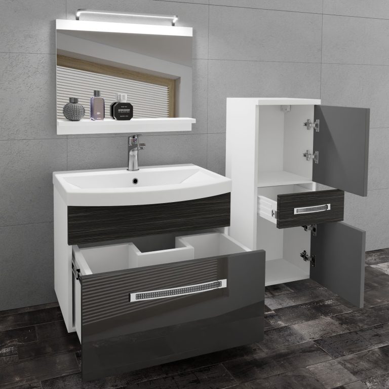 Fürdőszoba bútor Belini Premium Full Version szürke fényű / ebénfa + mosogató + tükör + LED világítás GLA PM 2/0/W/SHK/0/MB/PP