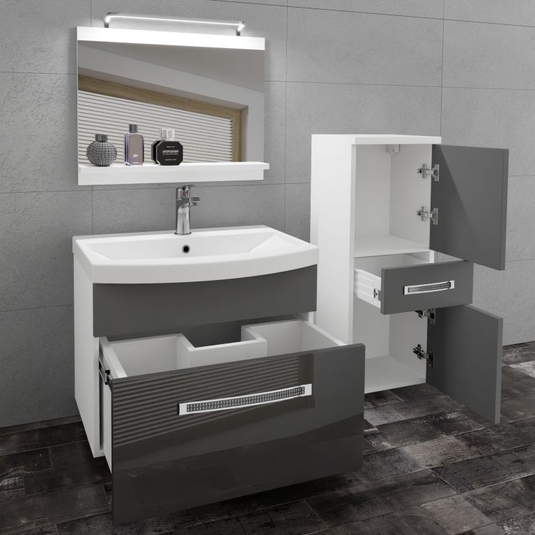 Fürdőszoba bútor Belini Premium Full Version szürke fényű / szurke matt + mosogató + tükör + LED világítás  GLA PM 2/0/W/SSR/0/MB/PP
