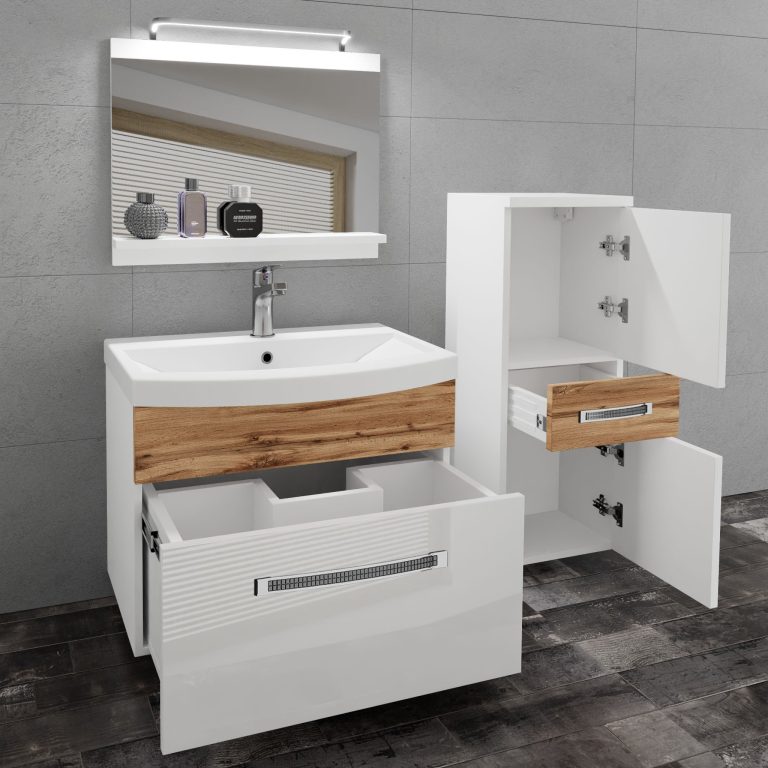 Fürdőszoba bútor Belini Premium Full Version fehér fényű / tolgy wotan + mosogató + tükör + LED világítás GLA PM 2/0/W/WDW/0/MB/PP
