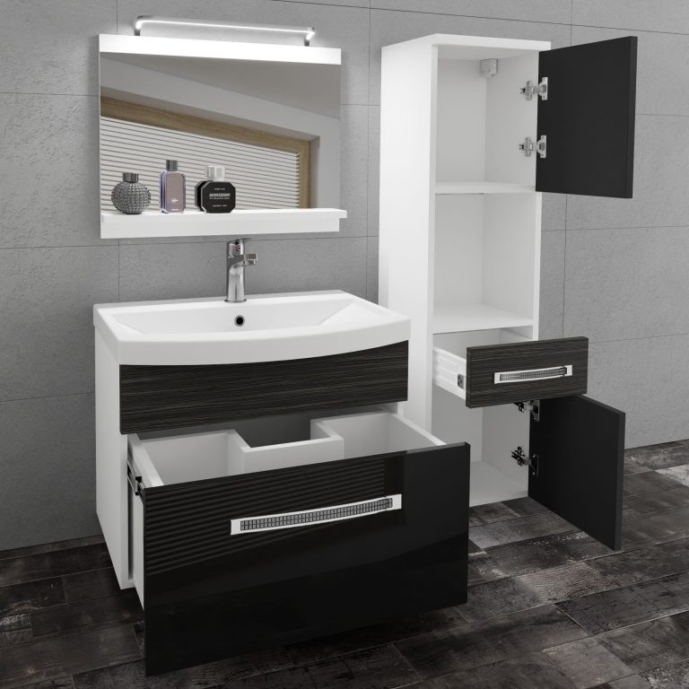 Fürdőszoba bútor Belini Premium Full Version fekete fényű / ebénfa + mosogató + tükör + LED világítás GLA PM 3/0/W/BHK/0/MB/PP