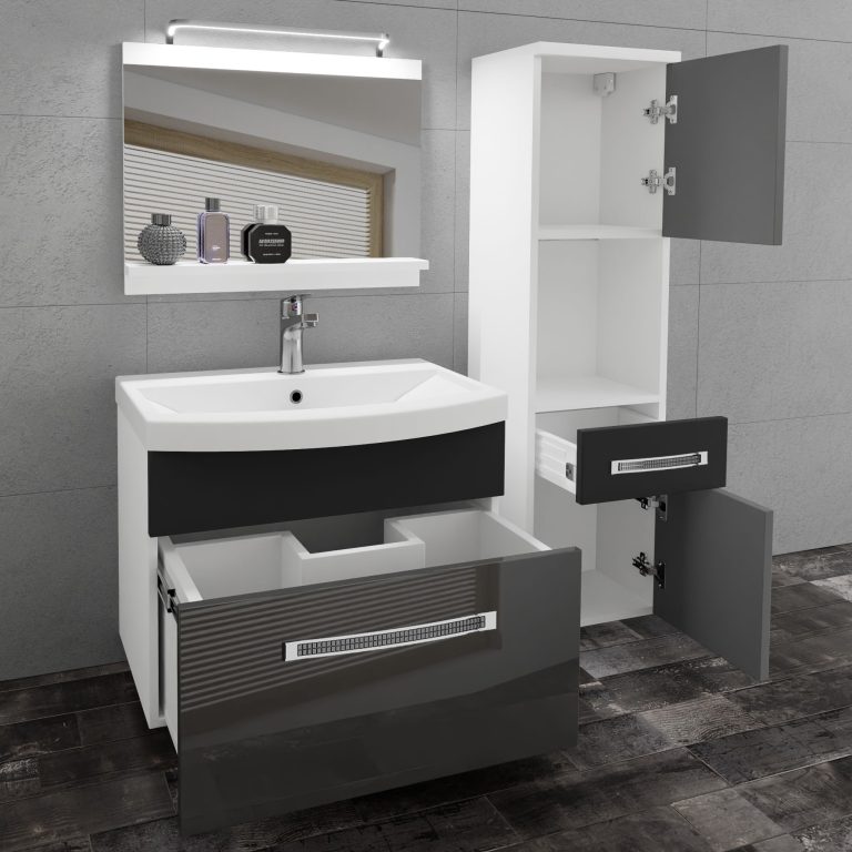 Fürdőszoba bútor Belini Premium Full Version szurke fényű / fekete fényű + mosogató + tükör + LED világítás GLA PM 3/0/W/SB/0/MB/PP
