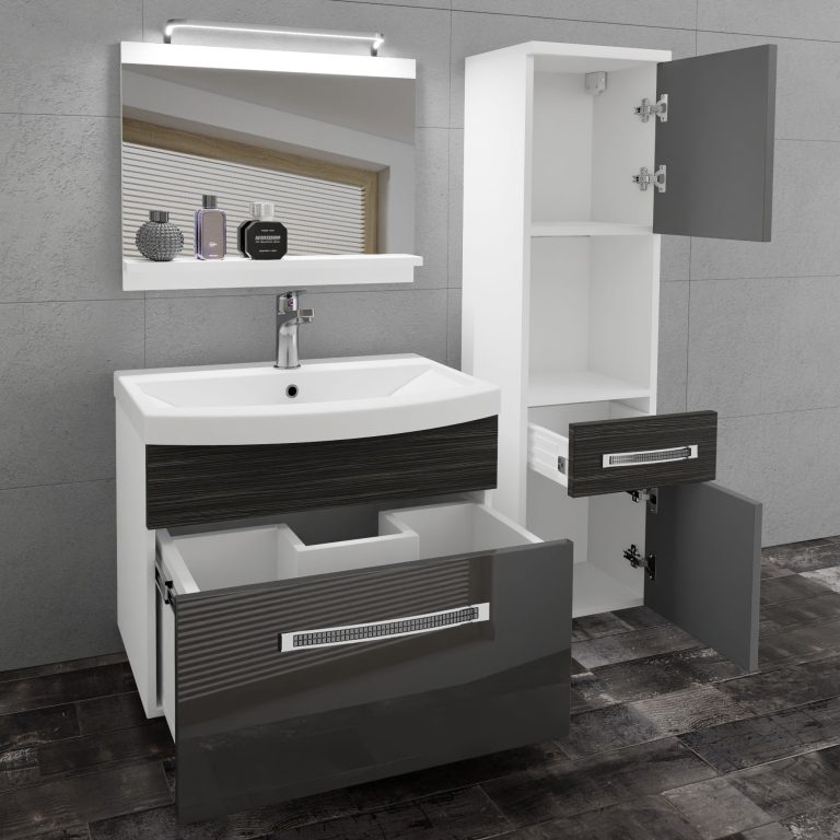 Fürdőszoba bútor Belini Premium Full Version szürke fényű / ebénfa + mosogató + tükör + LED világítás GLA PM 3/0/W/SHK/0/MB/PP
