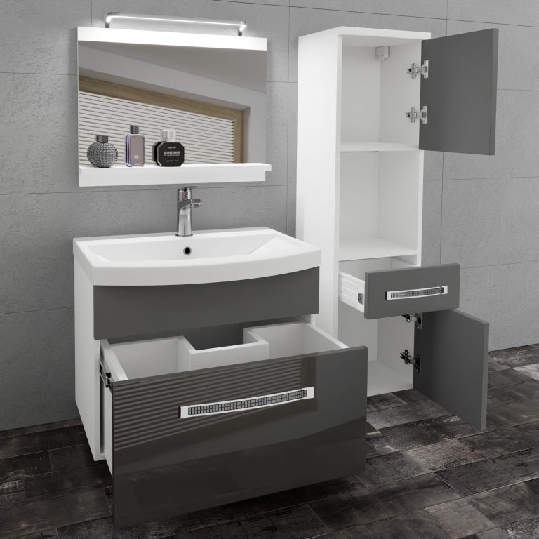 Fürdőszoba bútor Belini Premium Full Version szurke matt / szürke  fényű + mosogató + tükör + LED világítás GLA PM 3/0/W/SSR/0/MB/PP
