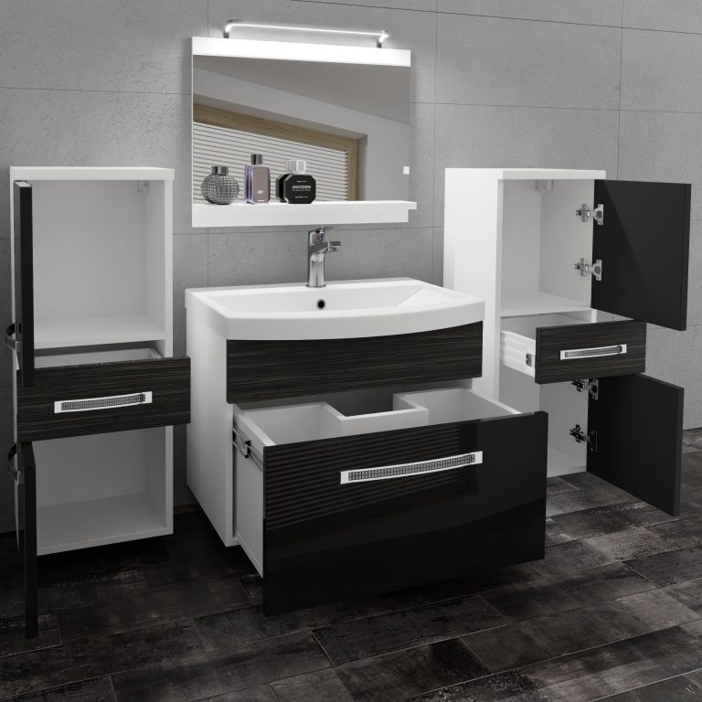 Fürdőszoba bútor Belini Premium Full Version fekete fényű / ebénfa + mosogató + tükör + LED világítás GLA PM 4/0/W/BHK/0/MB/PP