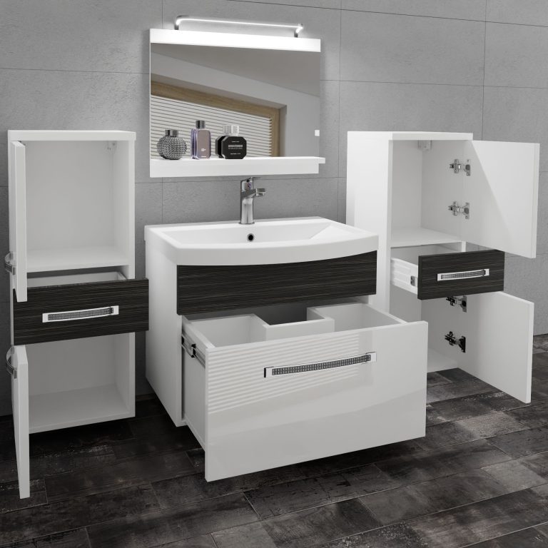 Fürdőszoba bútor Belini Premium Full Version fehér fényű / ebénfa + mosogató + tükör + LED világítás GLA PM 4/0/W/WHK/0/MB/PP
