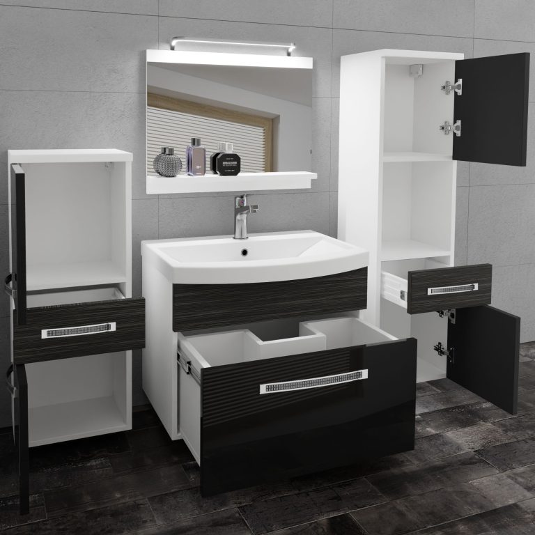 Fürdőszoba bútor Belini Premium Full Version fekete fényű / ebénfa + mosogató + tükör + LED világítás GLA PM 5/0/W/BHK/0/MB/PP