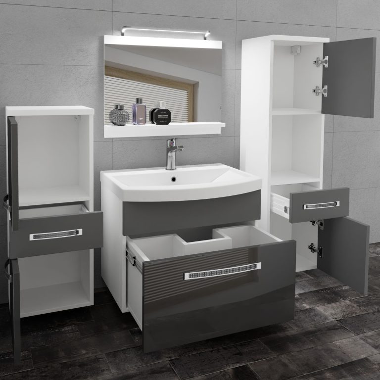 Fürdőszoba bútor Belini Premium Full Version szürke fényű / szurke matt + mosogató + tükör + LED világítás GLA PM 5/0/W/SSR/0/MB/PP
