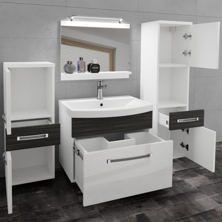 Fürdőszoba bútor Belini Premium Full Version fehér fényű / ebénfa + mosogató + tükör + LED világítás GLA PM 5/0/W/WHK/0/MB/PP