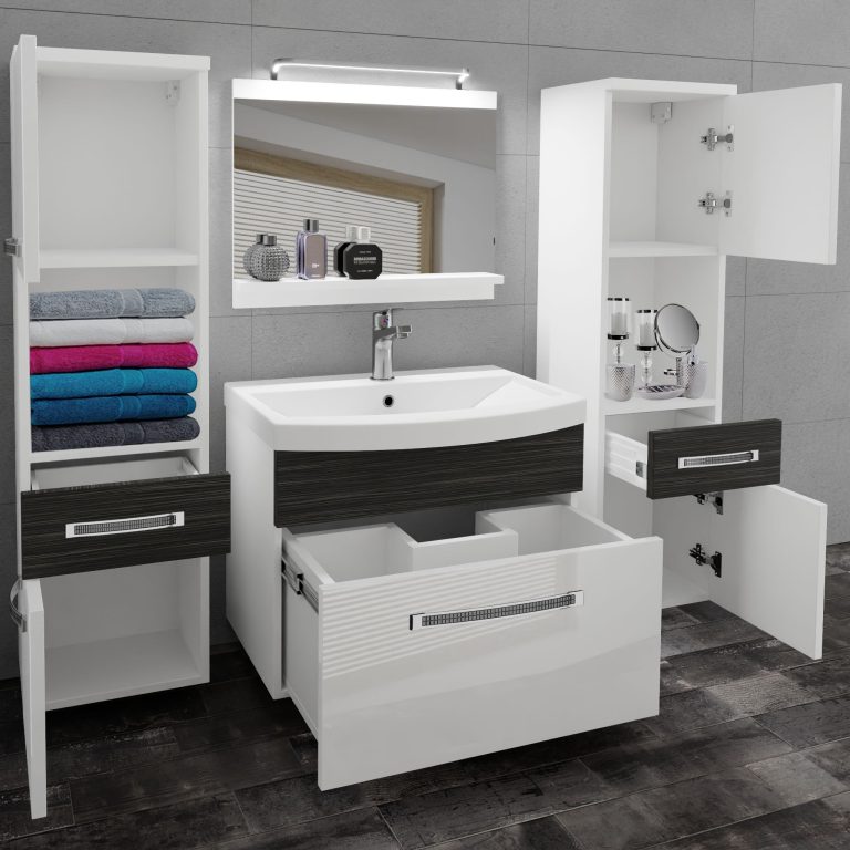 Fürdőszoba bútor Belini Premium Full Version fehér fényű / ebénfa + mosogató + tükör + LED világítás GLA PM 6/0/W/WHK/0/MB/PP