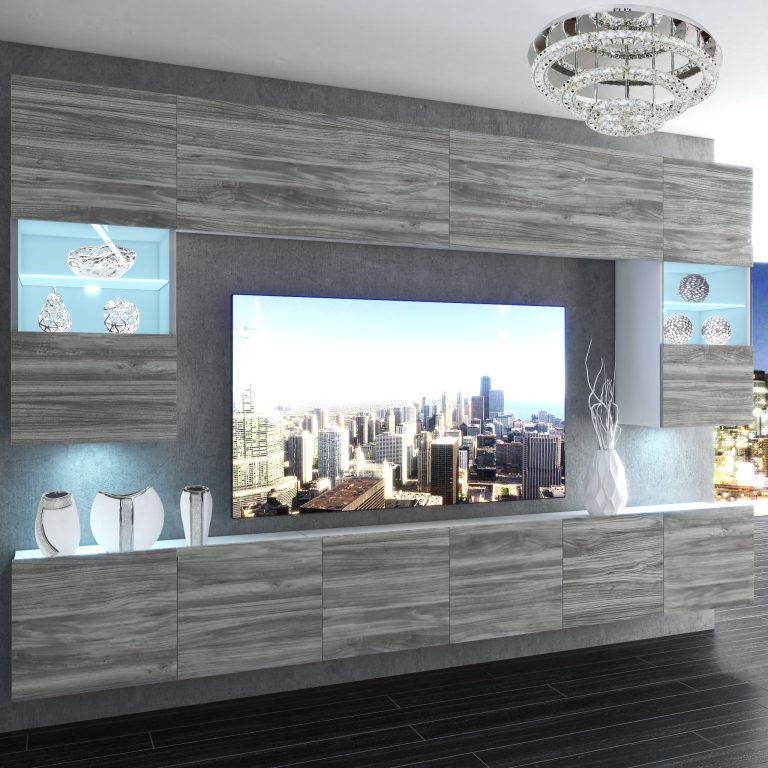 Szekrénysor Belini Premium Full Version szürke antracit Glamour Wood + LED világítás NEX 1/0/W/GW1/0/0/PP