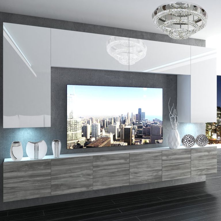 Szekrénysor Belini Premium Full Version fehér fényű / szürke antracit Glamour Wood + LED világítás NEX 2/0/W/WGW1/0/0/PP