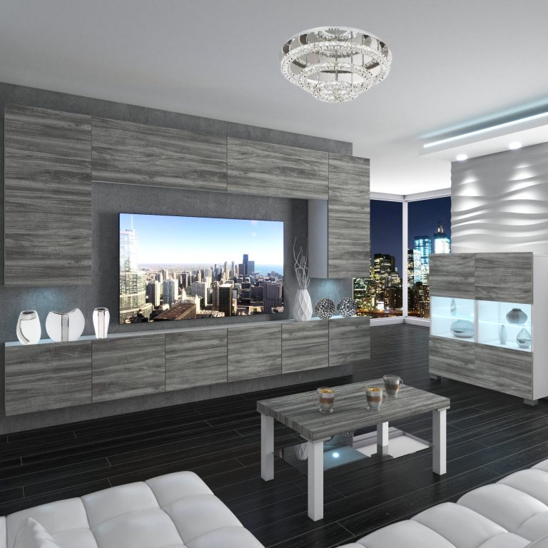 Szekrénysor Belini Premium Full Version szürke antracit Glamour Wood + LED világítás NEX 2/0/W/GW1/0/0/PP