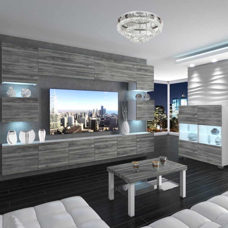 Szekrénysor Belini Premium Full Version szürke antracit Glamour Wood + LED világítás NEX 3/0/W/GW1/0/0/PP