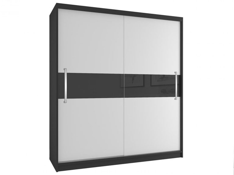 Tolóajtós szekrény 133 cm Belini fekete matt / fehér matt tükörrel és fiókokkal SI SZP2/2/B/W/B/UU