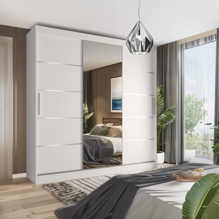 Tolóajtós szekrény 232 cm Belini fehér matt tükörrel és fiókokkal MBP SZP8/0/1W/2W1L/0/KLAL
