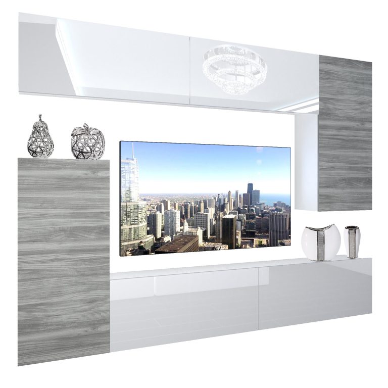 Szekrénysor Belini Premium Full Version fehér fényű / szürke antracit Glamour Wood + LED világítás NEX 8/0/W/WGW1WGW1/0/0/PP
