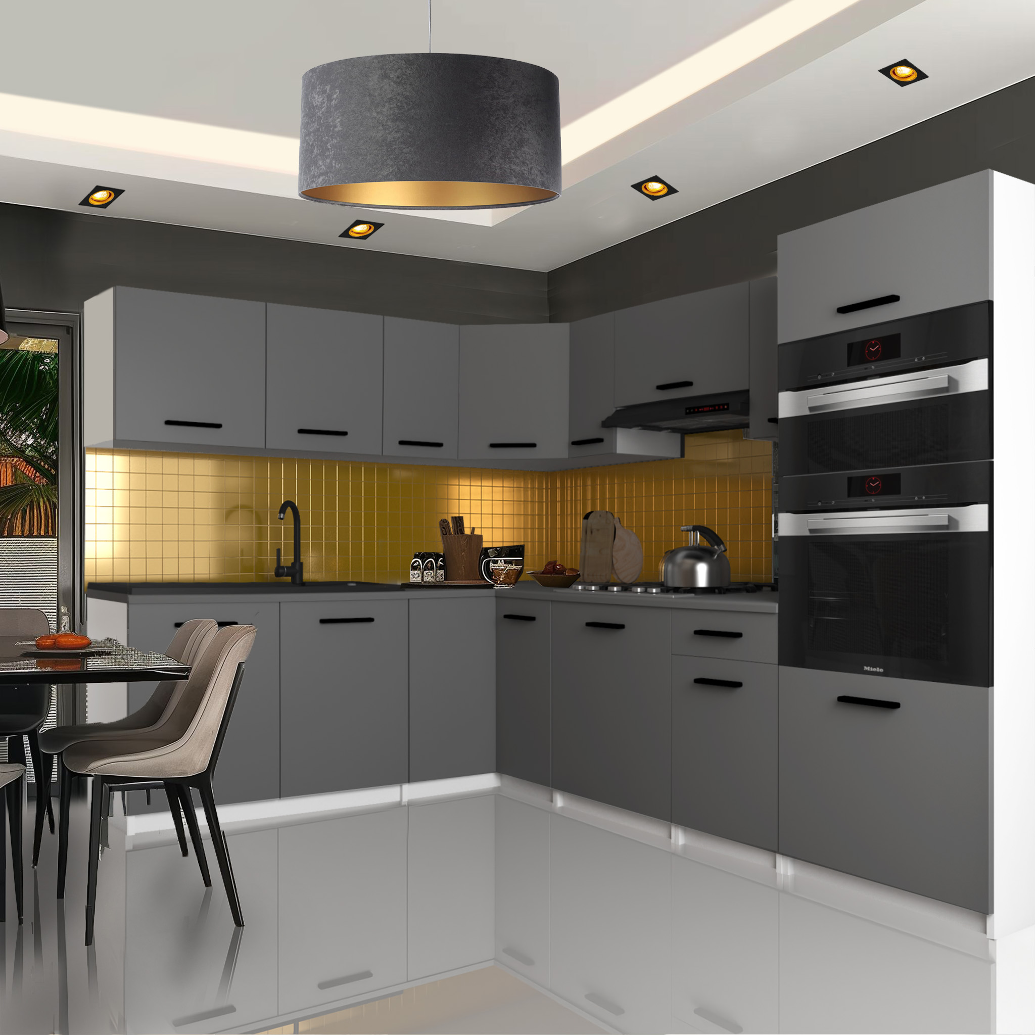 Modern konyha arany csempékkel és elegáns bútorokkal
