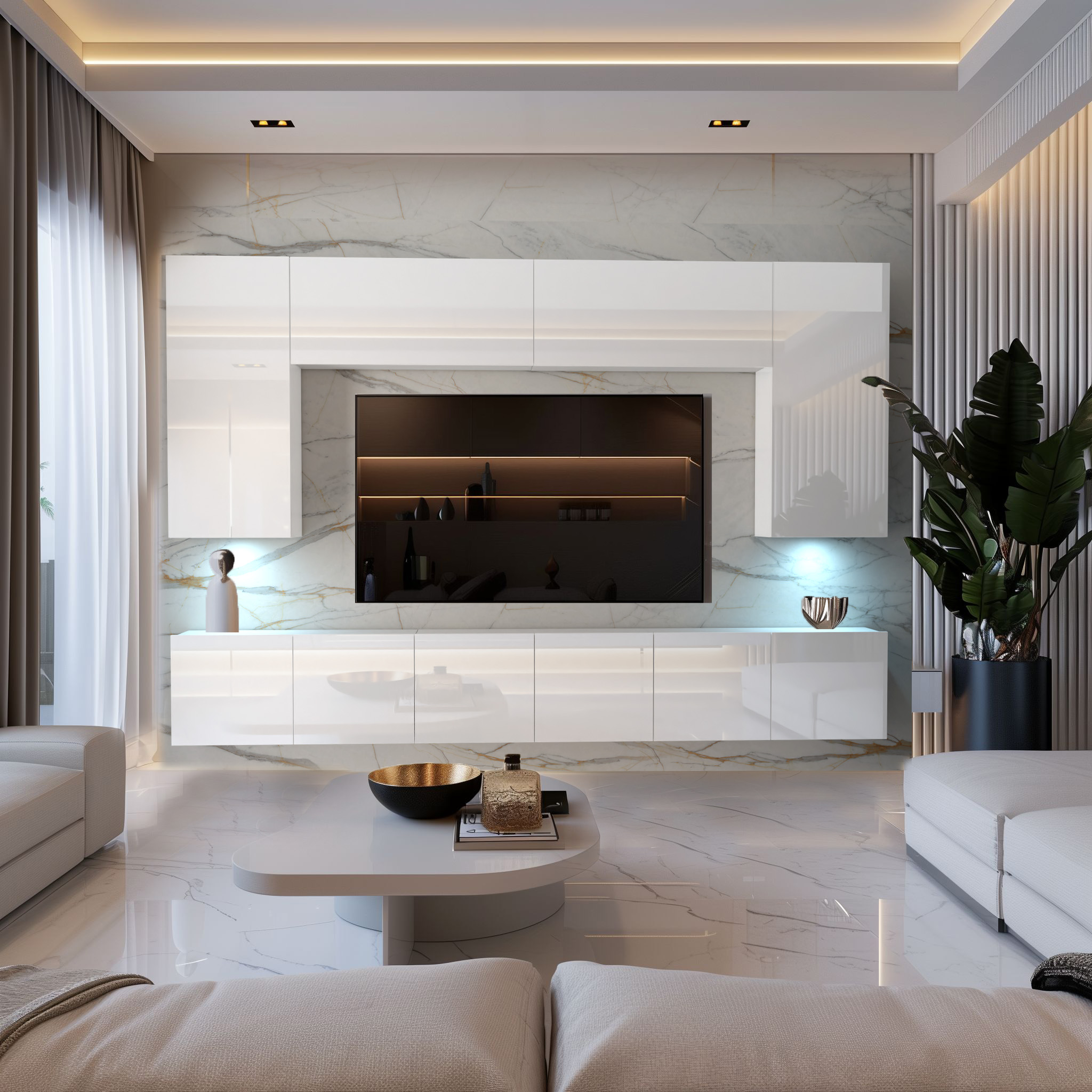 Fényes fehér nappali fal LED-del és márvány hatással