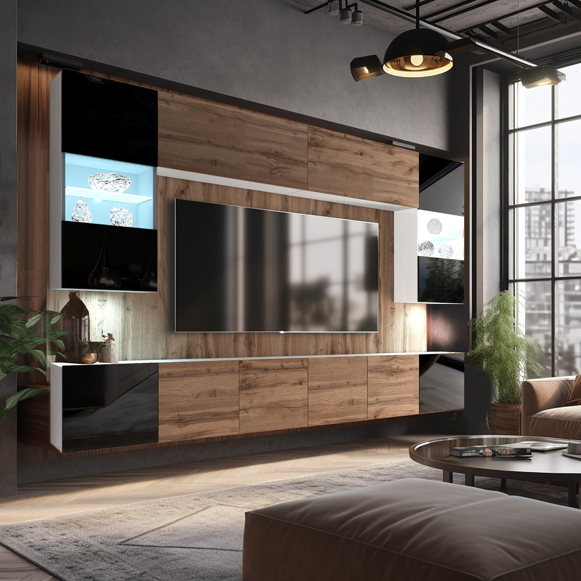 Fa és fekete üveg TV-fal LED vitrinnel, loft nappaliban