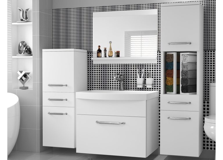Fürdőszobabútor szekrények mosdóval tükörrel fehér matt Gyártó ROD PRIMO M 5/0/W/W/0/ZINC