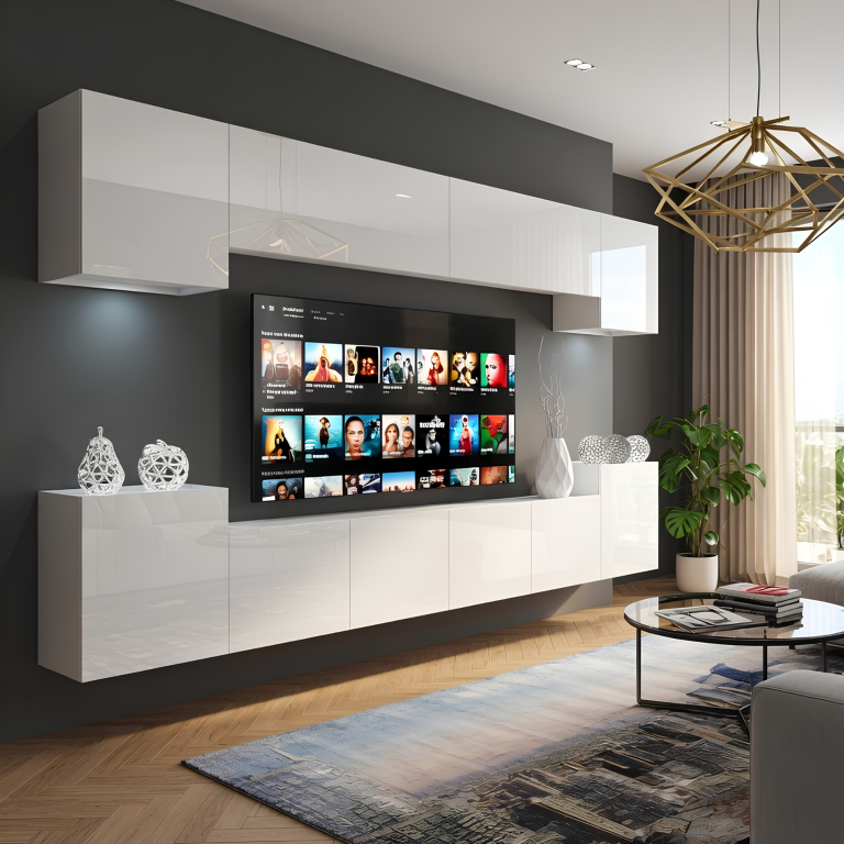 300 cm fehér fényes szekrénysor TV/RTV Kiárusítás CHICAGO 4/5/W/W/0/0