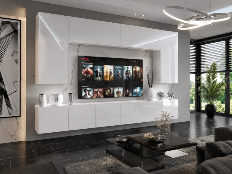 Szekrénysor 300 cm TV/RTV fehér fényu  IMP 2/5/W/W/0/0
